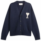 AMI Paris Men's Cardigan With Contrasted Ami De Coeur in Encre/Ecru