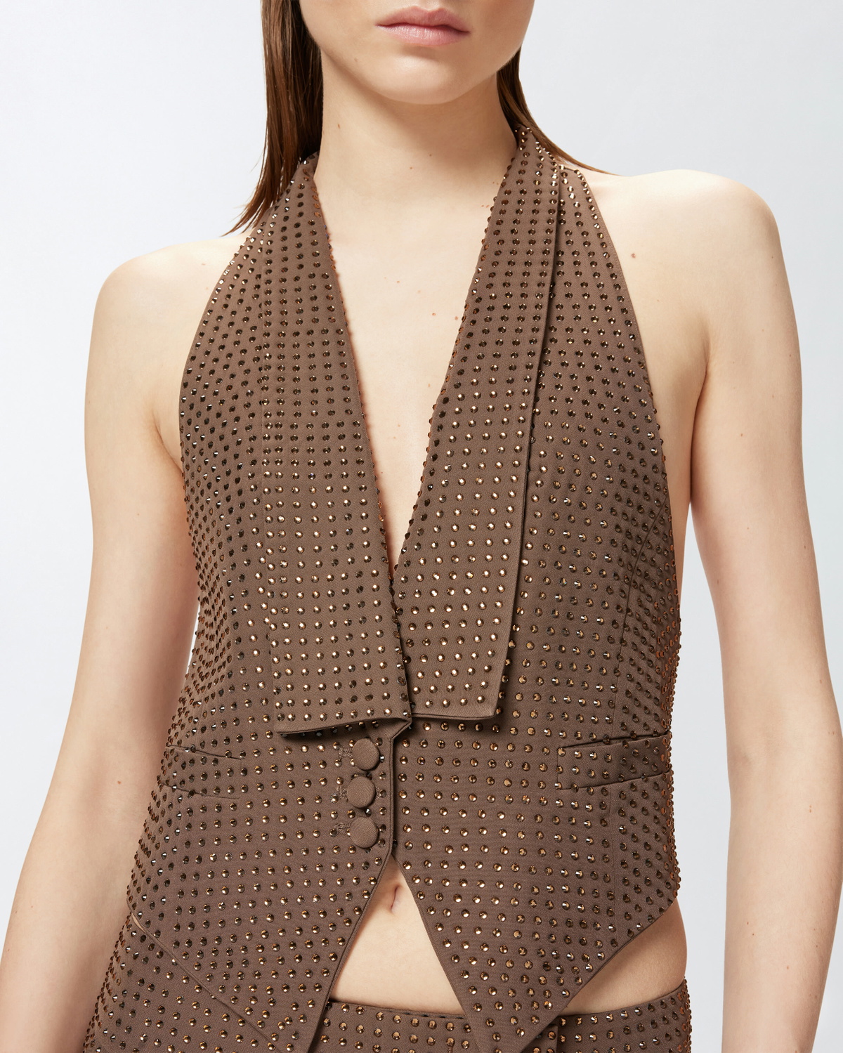 Pinko Vest With Rhinestones And Open Back Slate Black