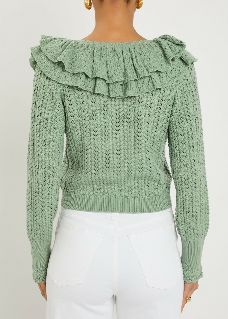 Alice + Olivia Eileen Ruffled Wool Cardigan Green