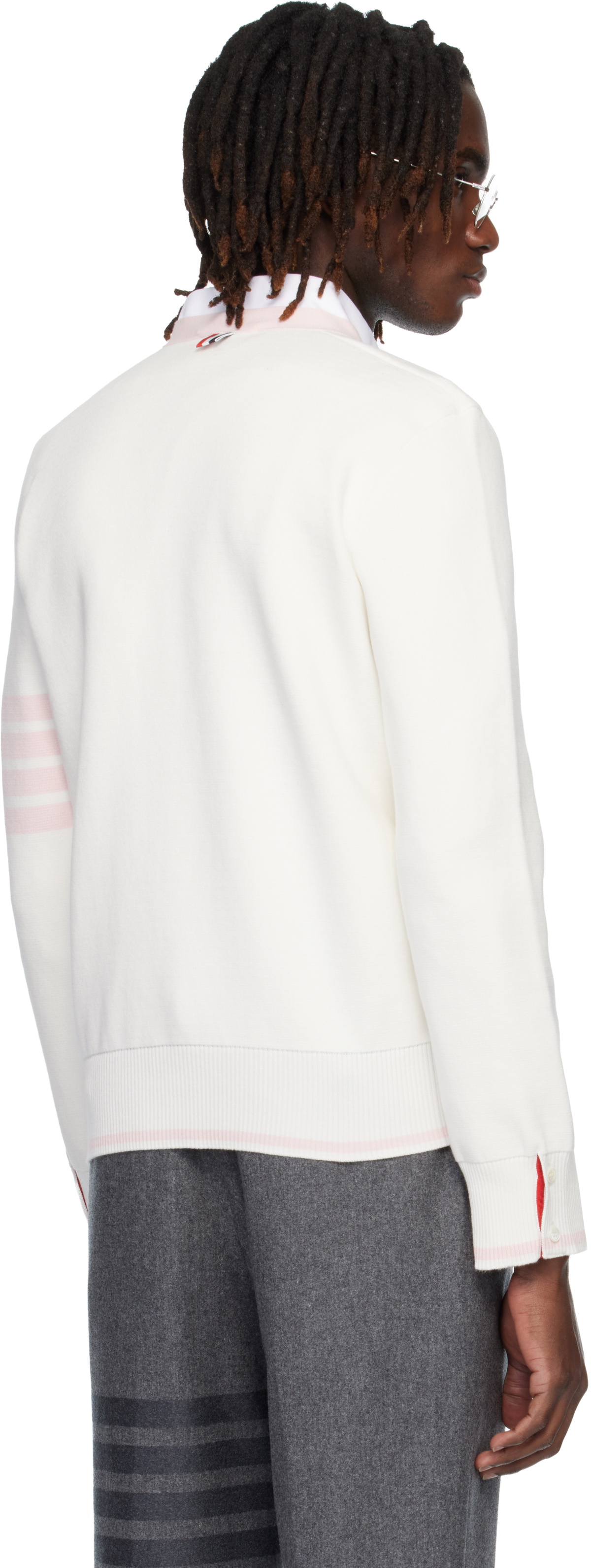 Thom Browne White Cotton 4-Bar Milano Classic V-Neck Cardigan