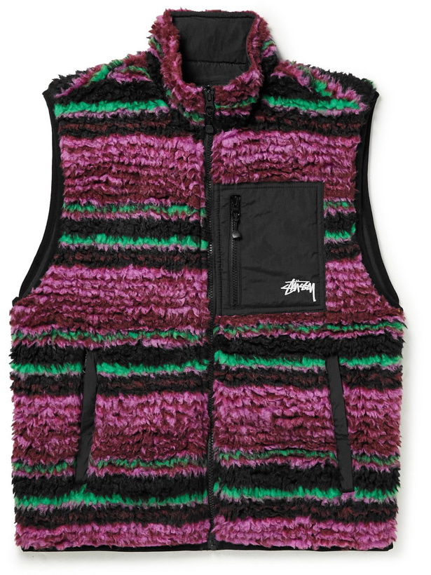 Photo: Stussy - Logo-Embroidered Nylon-Trimmed Striped Fleece Gilet - Purple
