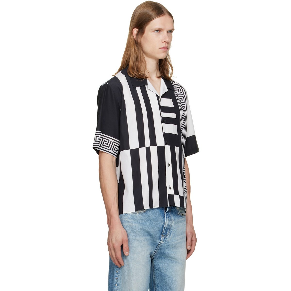Versace Black & White Printed Cotton Silk Shirt