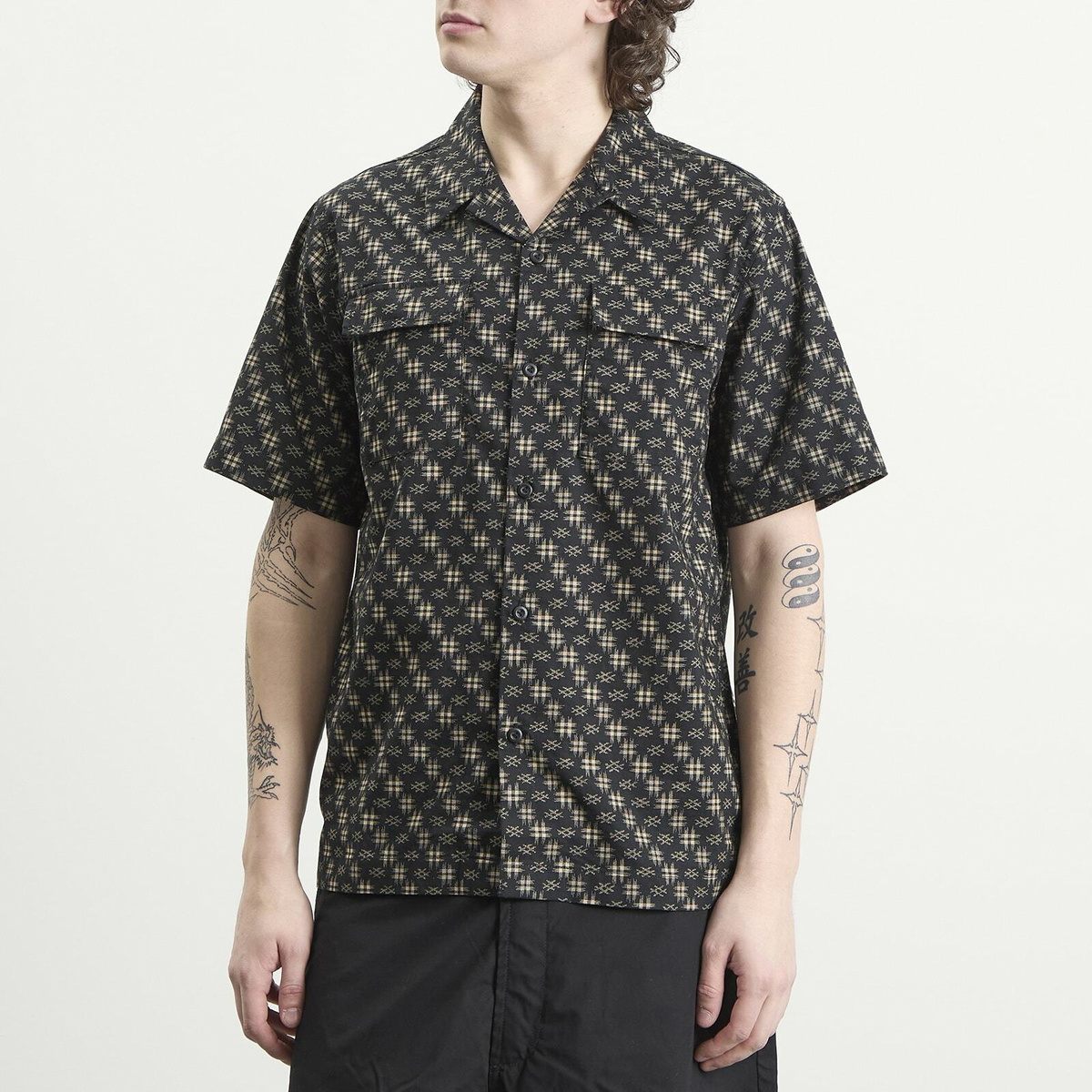 Maharishi Men's Kasuri Cuban Collar Shirt in Sumi Black