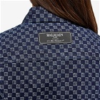 Balmain Women's Boxy Denim Jacket With All Over Logo in Blue