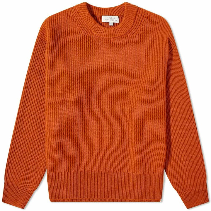 Photo: Studio Nicholson Men's Auxil 5 Gauge Fisherman Rib Knit Crew in Terracotta