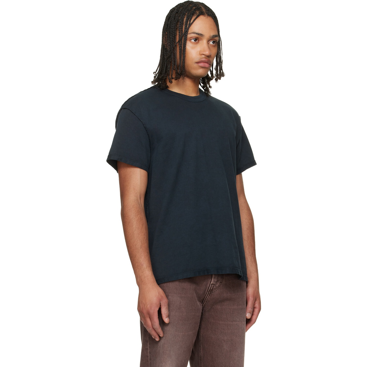 Les Tien Black Lightweight Binded Neck Inside Out T-shirt