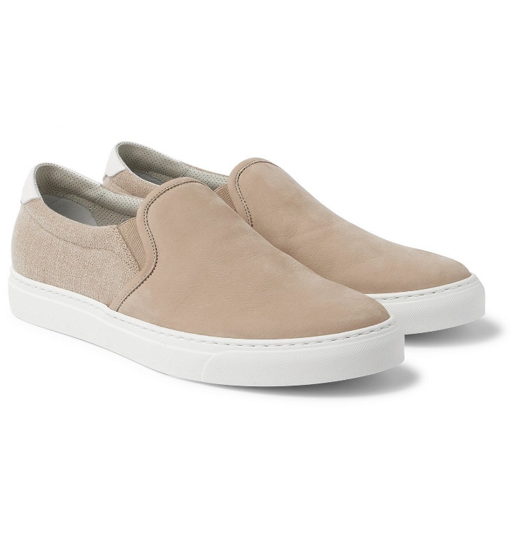 Photo: Brunello Cucinelli - Leather-Trimmed Nubuck and Canvas Slip-On Sneakers - Brown