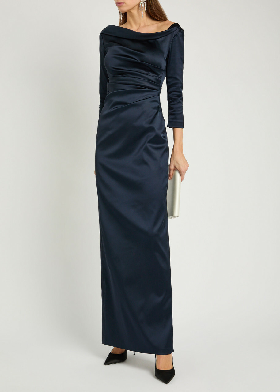 Talbot Runhof Gathered Satin Maxi Dress Navy
