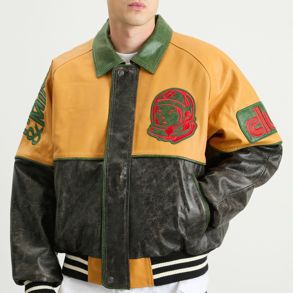 Billionaire Boys Club Men's Club Cracked Leather Varsity Jacket in Black/Yellow