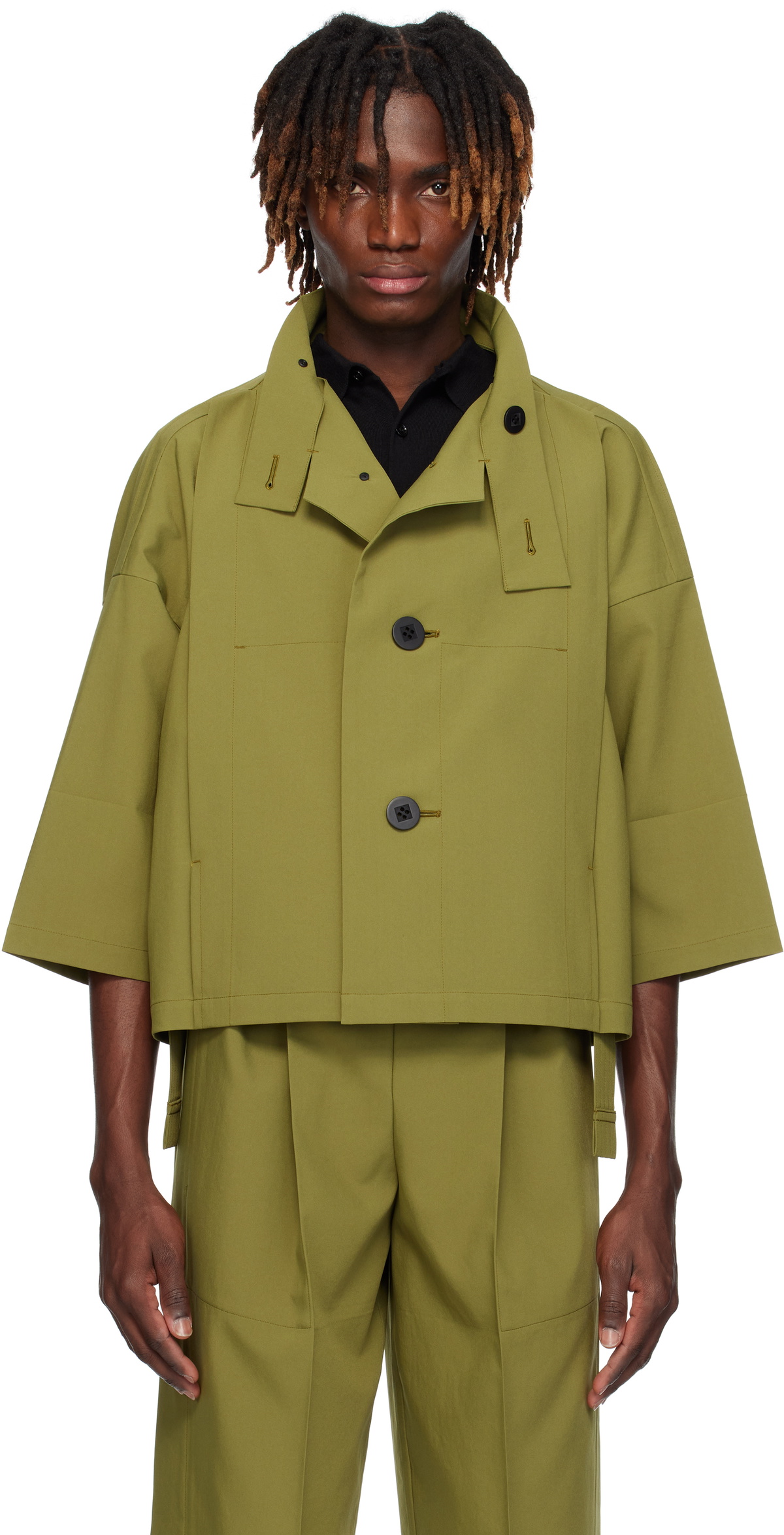 132 5. ISSEY MIYAKE Green Flat Tuck Jacket