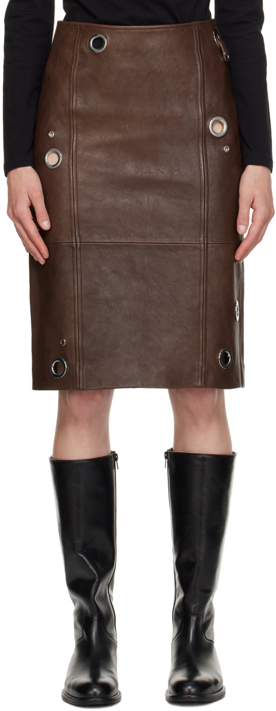 Saks Potts Brown Ania Leather Midi Skirt