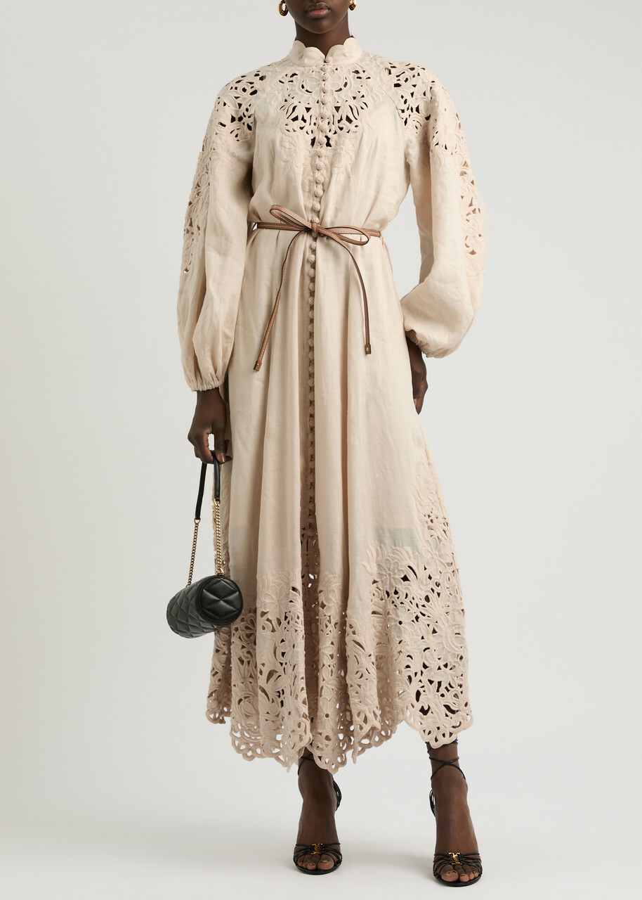 Zimmermann Wylie Embroidered Linen Midi Dress Cream Zimmermann