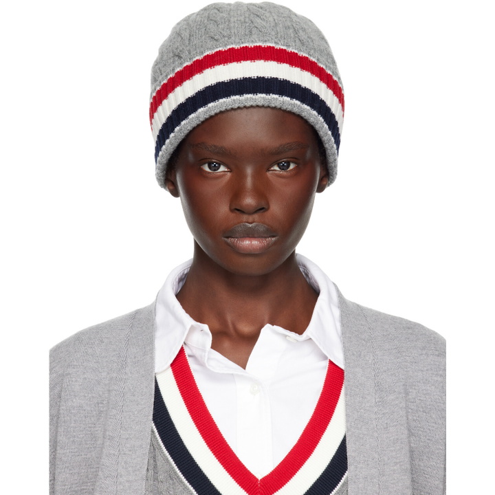 Photo: Thom Browne Gray Cable & Rib Merino Wool RWB Stripe Beanie