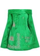 Erdem Embellished Off-the-shoulder Crinkled Satin Mini Dress Green