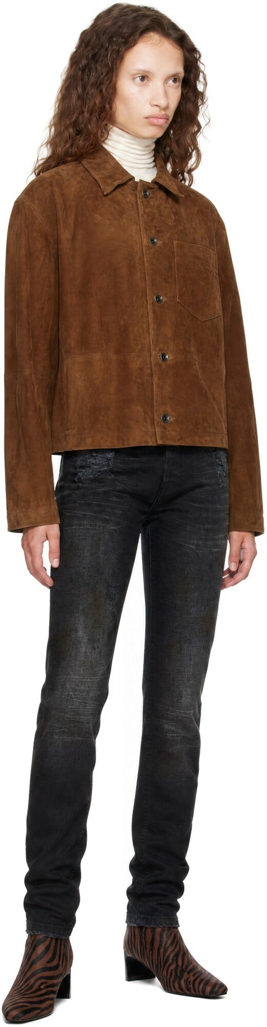 COOR Brown Pleated Wash Leather Overshirt