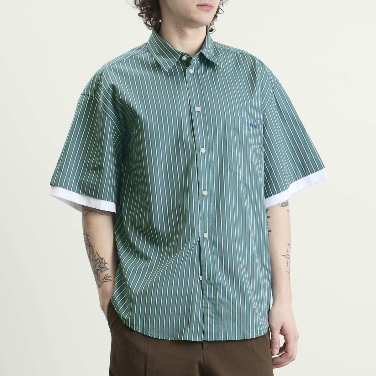 Le Père Men's Double Short Sleeve Shirt in Office Green