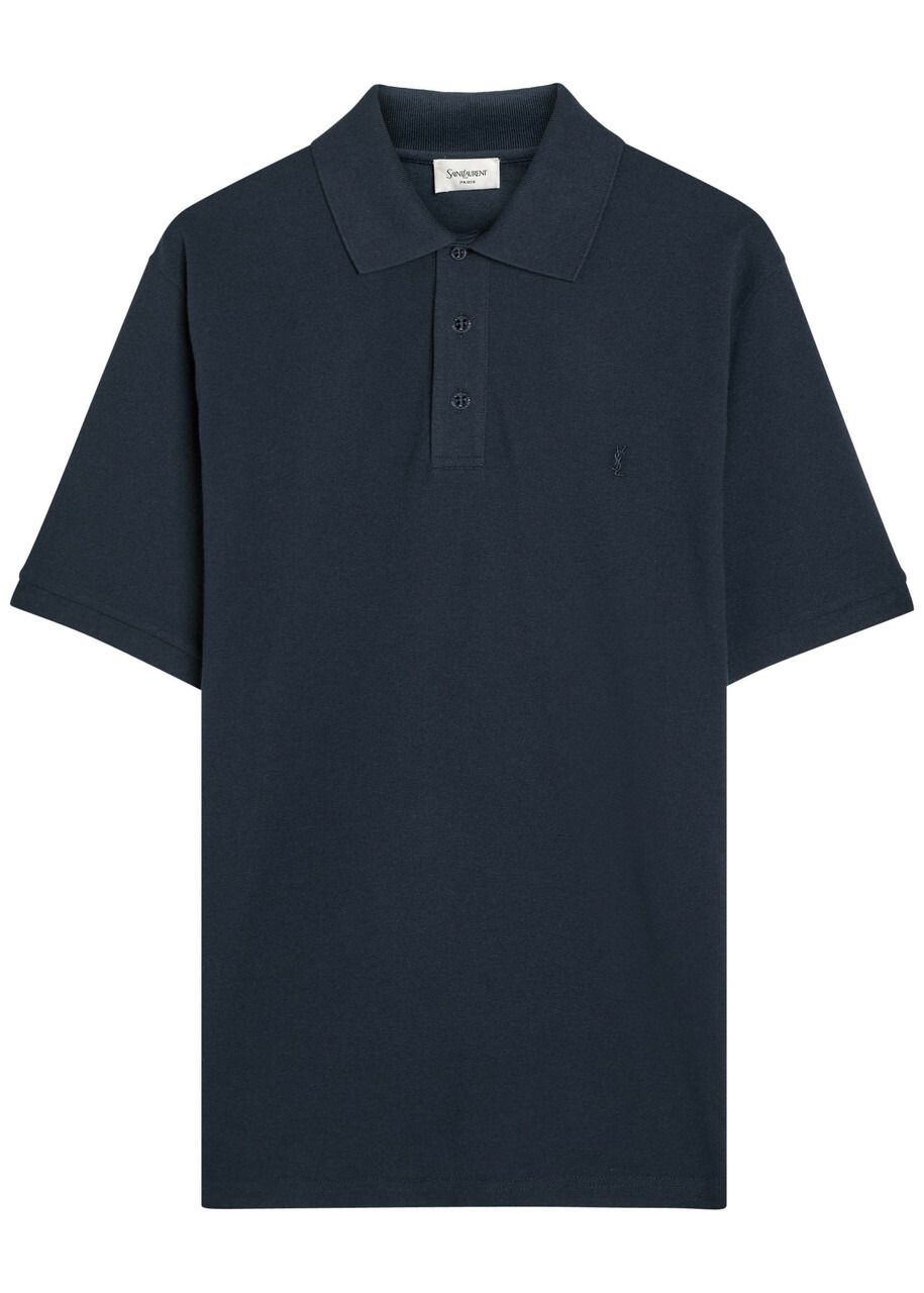 Saint Laurent Logo-embroidered Piqué Cotton-blend Polo Shirt Navy