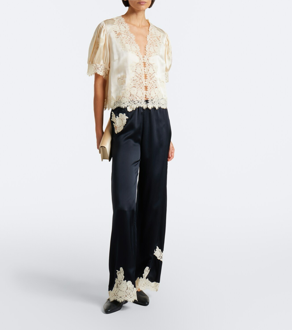 Dôen Lavon lace-trimmed silk satin wide-leg pants