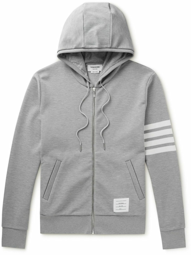 Photo: Thom Browne - Striped Ribbed Cotton-Jersey Zip-Up Hoodie - Gray