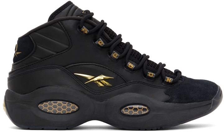 Photo: Reebok Classics Black & Gold Question Mid Lux Sneakers