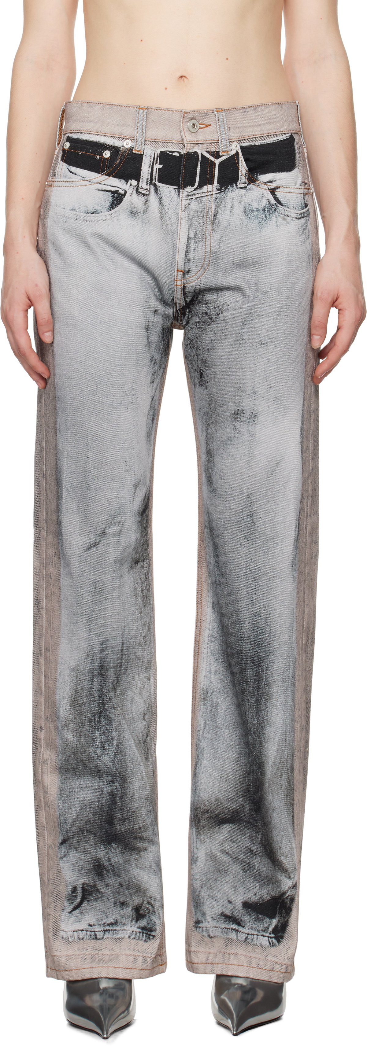 Y/Project Beige & Gray 'YP' Trompe L'oeil Jeans