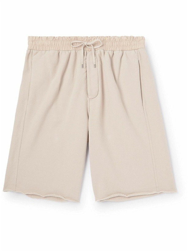 Photo: SAINT LAURENT - Straight-Leg Leather-Trimmed Cotton-Jersey Drawstring Shorts - Neutrals
