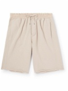 SAINT LAURENT - Straight-Leg Leather-Trimmed Cotton-Jersey Drawstring Shorts - Neutrals