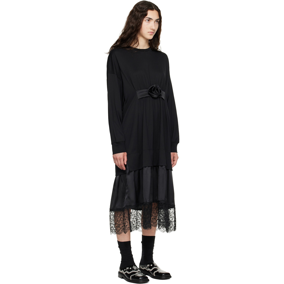 Simone Rocha Black Oversized Gathered Rose Lace Trim Midi Dress