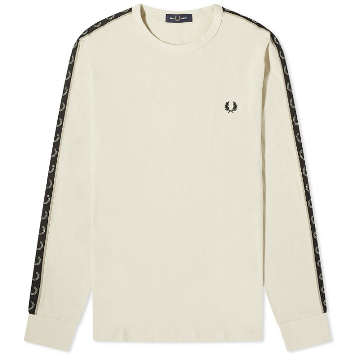 Photo: Fred Perry Men's Long Sleeve Contrast Taped Ringer T-Shirt in Oatmeal/Warm Grey