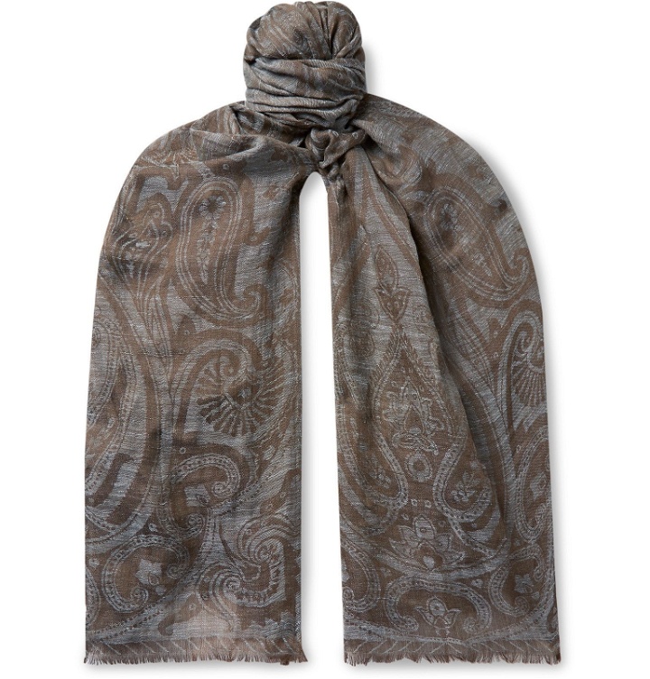 Photo: Etro - Paisley-Jacquard Linen, Wool and Silk-Blend Scarf - Gray