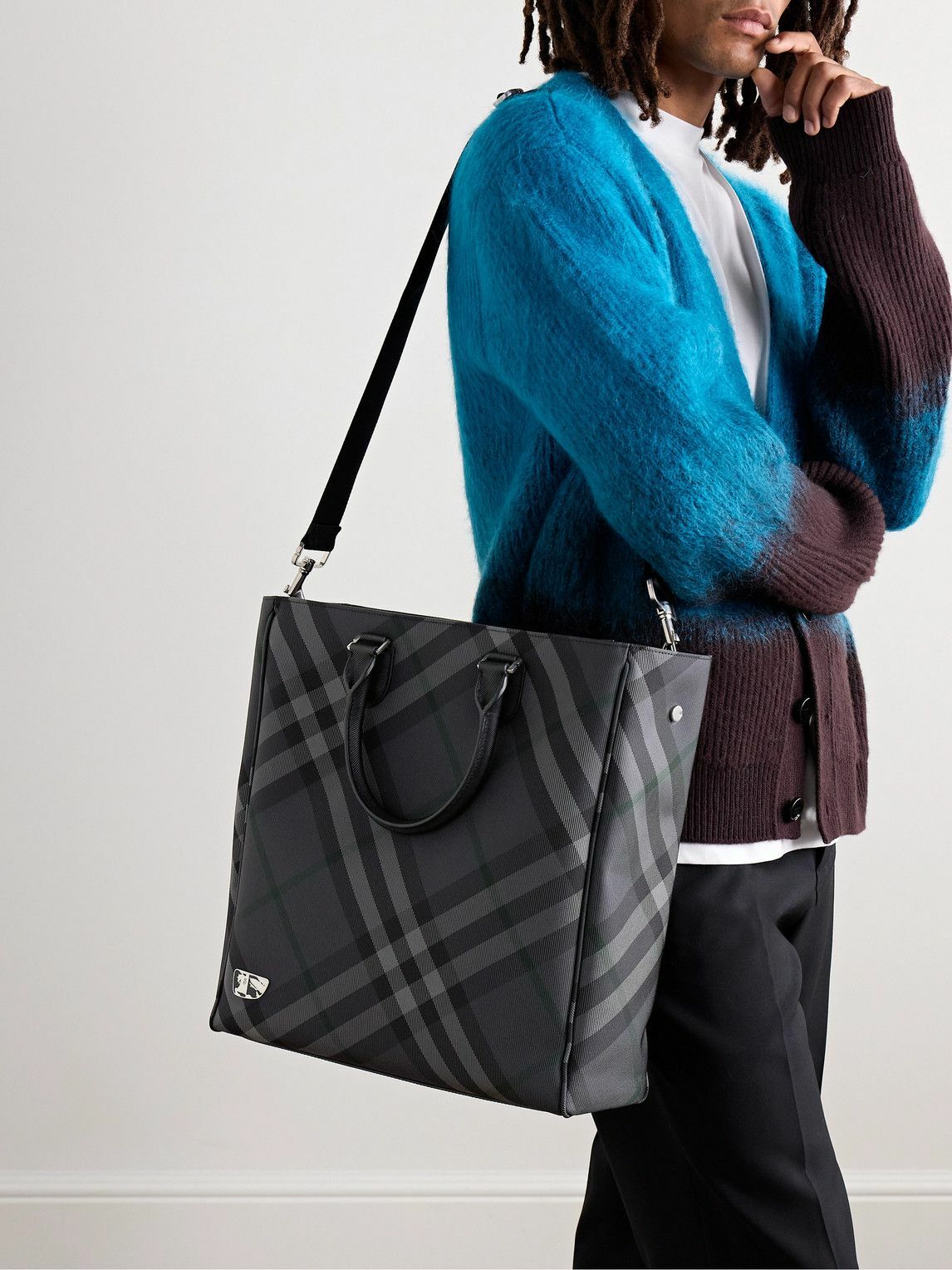 Burberry - Leather-Trimmed Checked Jacquard Tote Bag Burberry