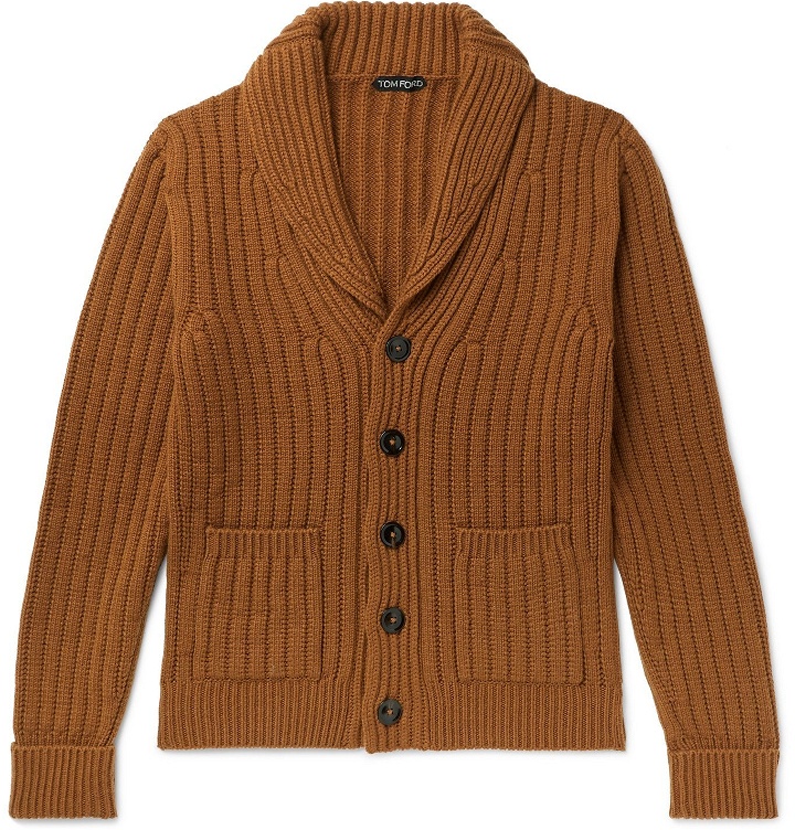 Photo: TOM FORD - Shawl-Collar Ribbed Cashmere Cardigan - Brown