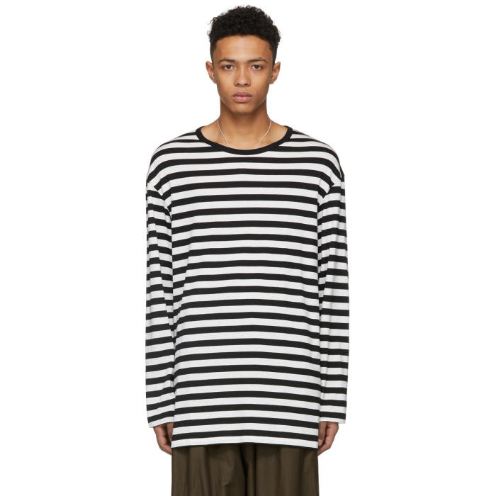 Yohji Yamamoto Black and White Long Sleeve Striped Staff T-Shirt