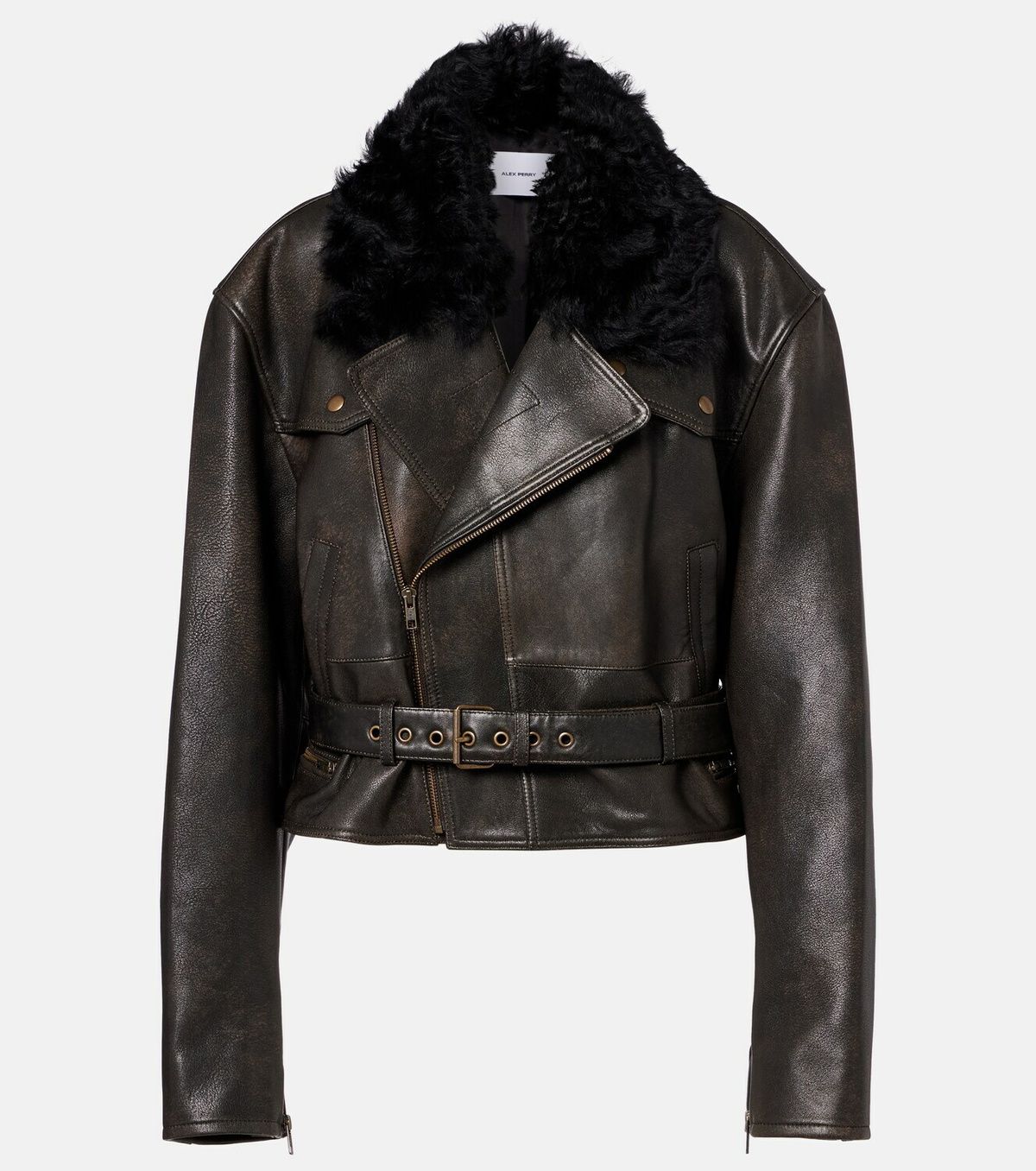 Alex Perry Shearling-trimmed cropped leather biker jacket