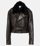 Alex Perry Shearling-trimmed cropped leather biker jacket