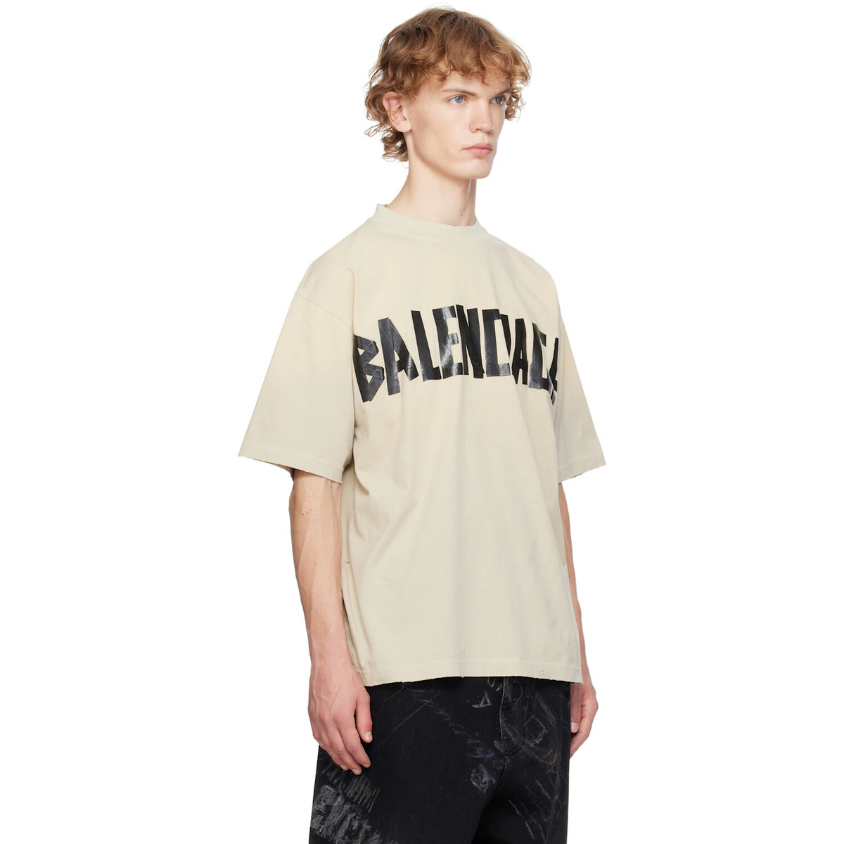 Balenciaga Beige Tape Logo Medium Fit T-shirt
