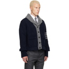 Thom Browne Navy & Gray 'Browne 65' Jersey Intarsia Shawl Collar Cardigan