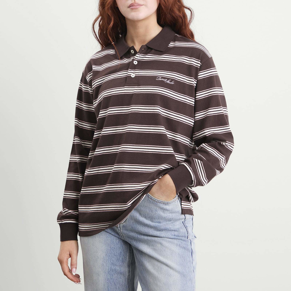 DUNST Women's Long Sleeve Polo Top in Brown Stripe