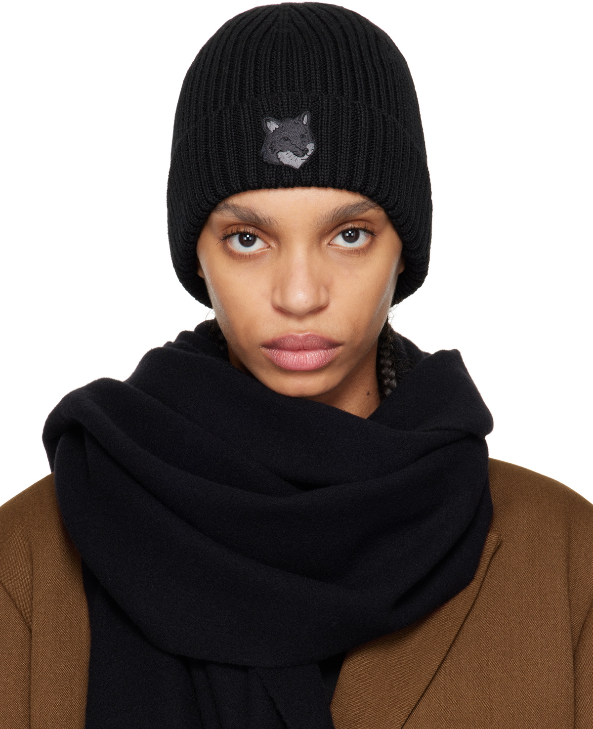 Maison Kitsune Navy Ribbed Tricolor Fox Patch Beanie Maison Kitsune