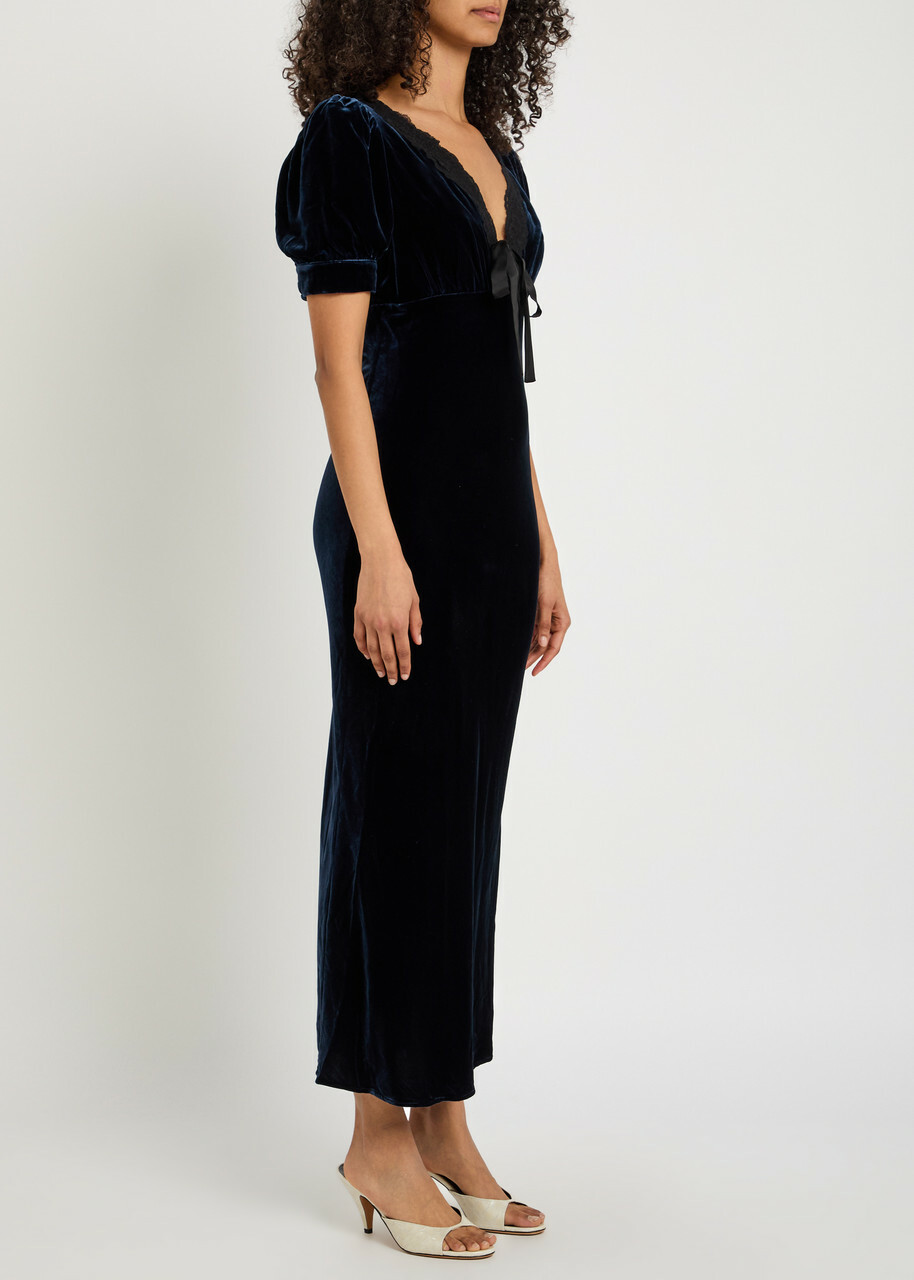 Reformation Camille Lace-trim Velvet Midi Dress Dark Blue