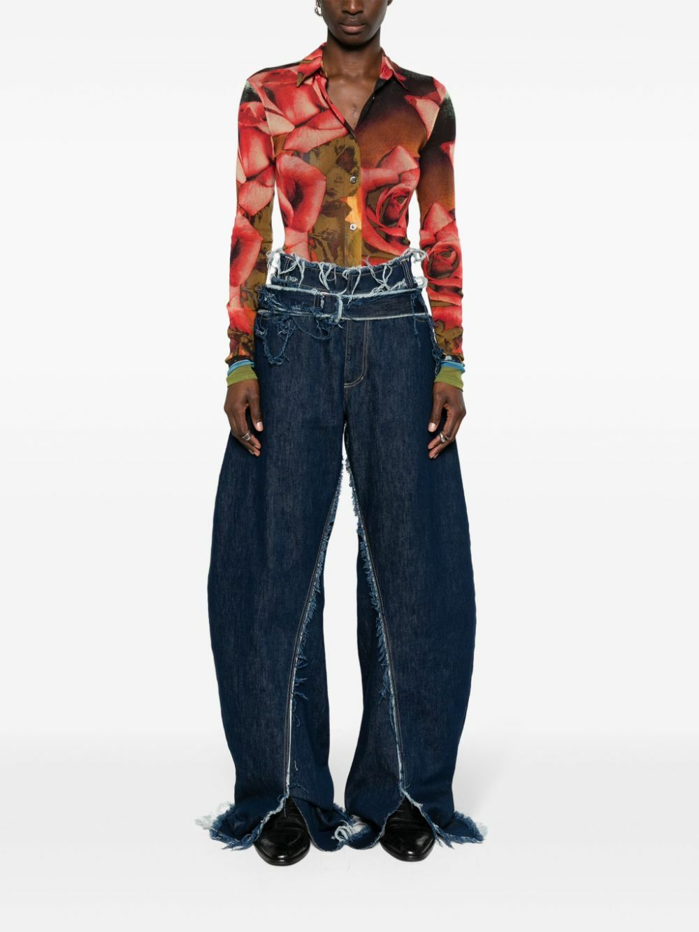 Jean Paul Gaultier Red Rose-Print Mesh Shirt Jean Paul Gaultier