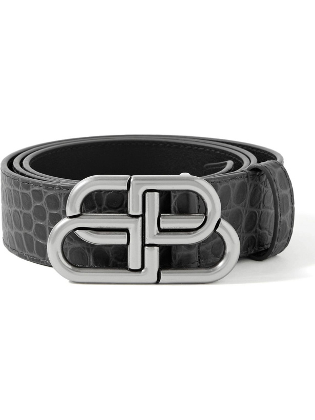 Photo: Balenciaga - 3cm Logo-Embellished Croc-Effect Leather Belt - Gray