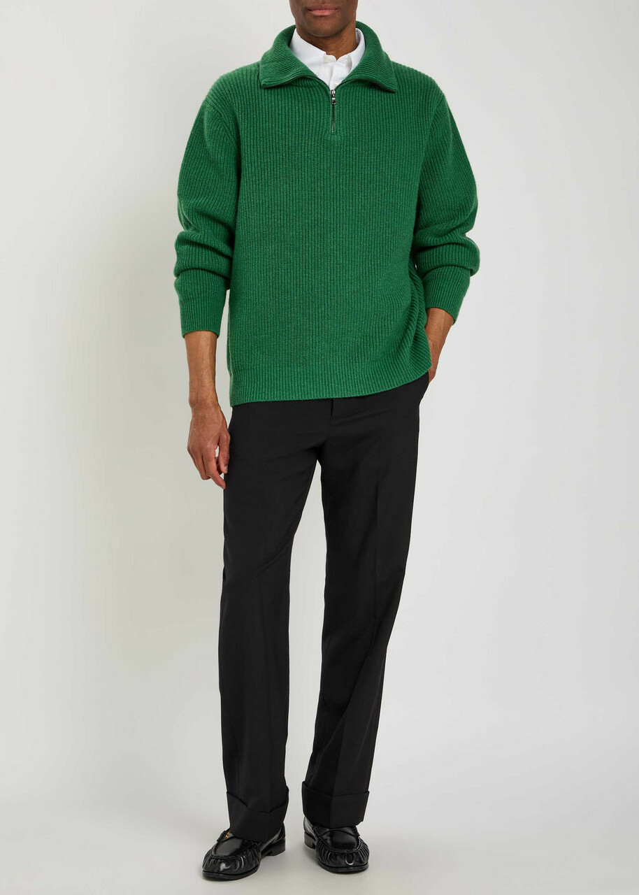 The Elder Statesman Clemente Half-zip Ribbed Cashmere Jumper Dark Green