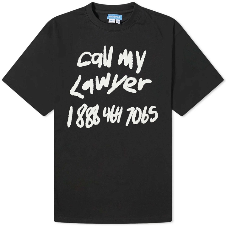 Photo: MARKET Men's Scrawl My Lawyer T-Shirt in Washed Black