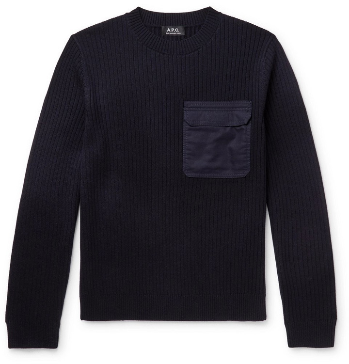 Photo: A.P.C. - Bluestack Canvas-Trimmed Ribbed Merino Wool Sweater - Navy