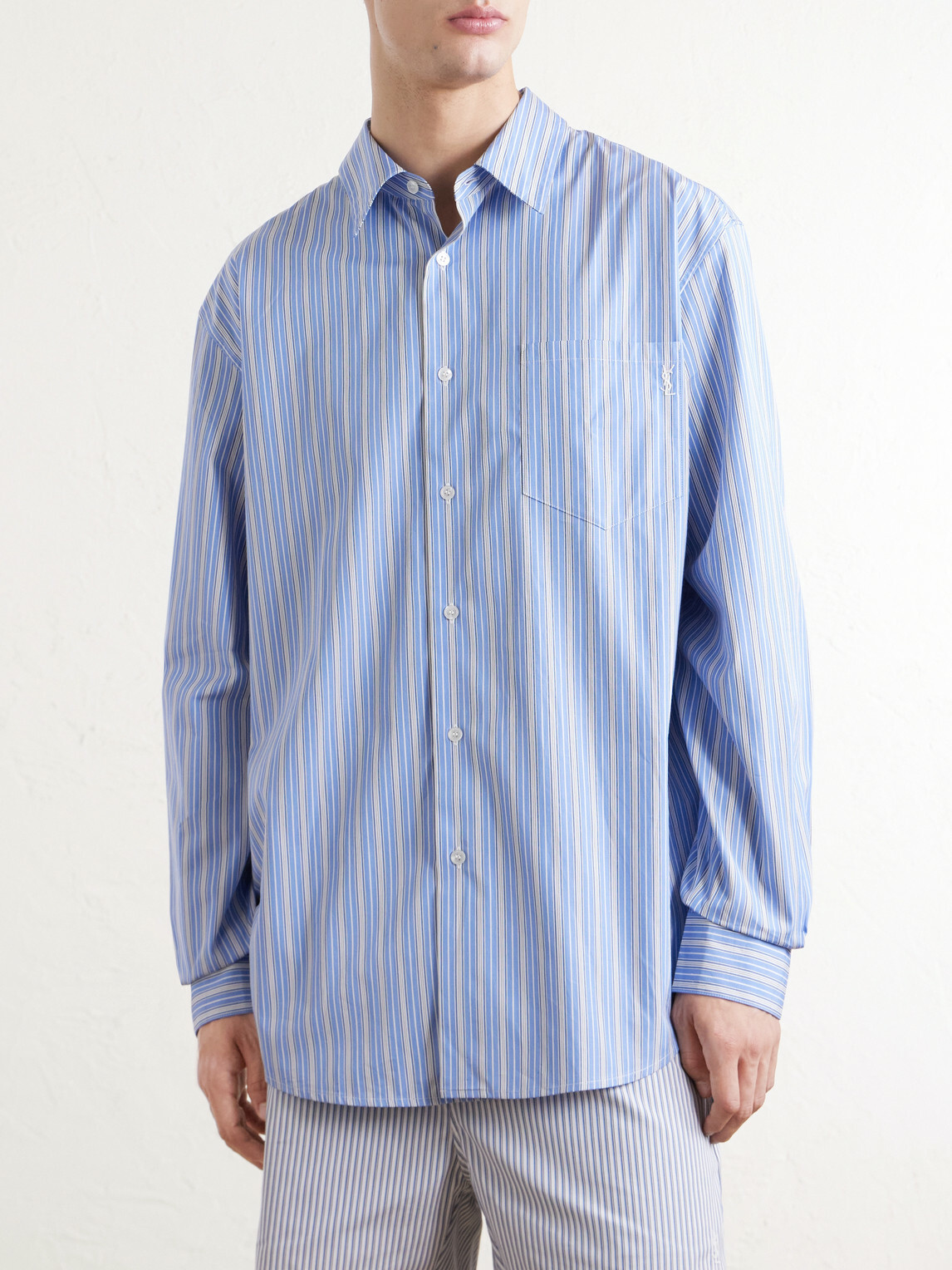 SAINT LAURENT - Logo-Embroidered Striped Cotton-Poplin Shirt - Blue