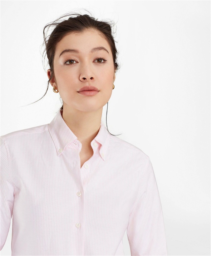 Photo: Brooks Brothers Women's Classic-Fit Supima Cotton Oxford Stripe Button-Down Shirt | Pink