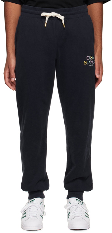 Photo: Casablanca Navy Stacked Embroidered Lounge Pants
