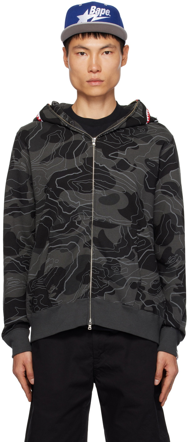 BAPE Black 'WGM' Layered Line Camo Shark Hoodie A Bathing Ape
