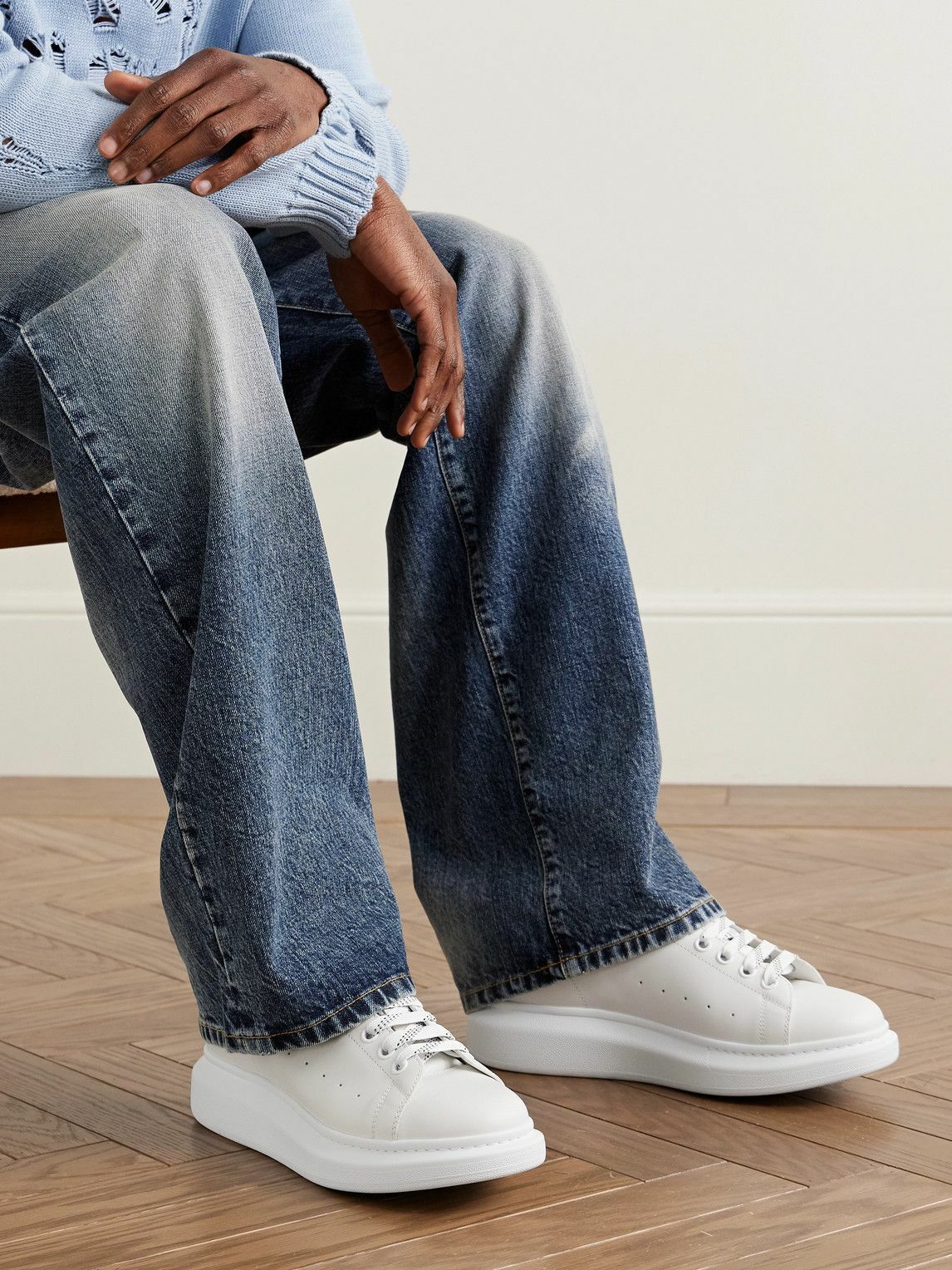 McQueen - Exaggerated-Sole Leather Sneakers - White